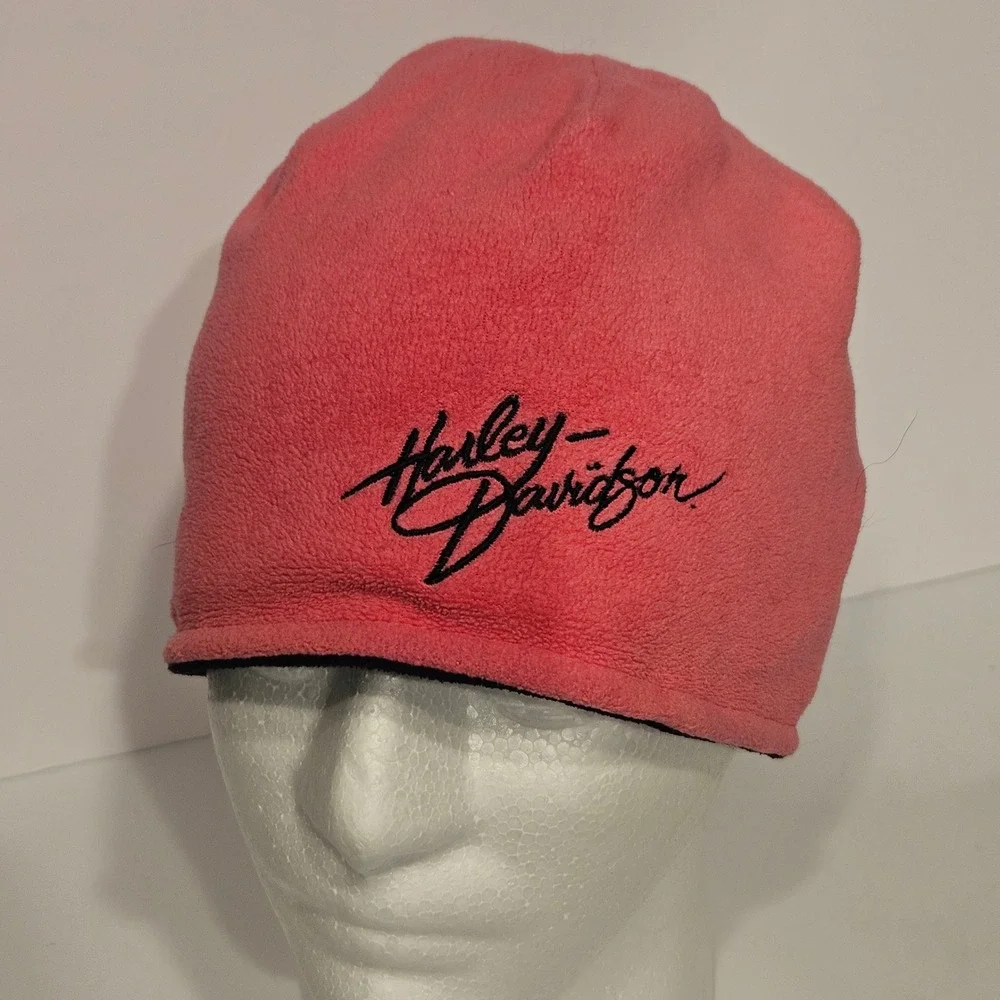 Harley-Davidson Reversible Fleece Beanie Pink Black Embroidered Logo Hat